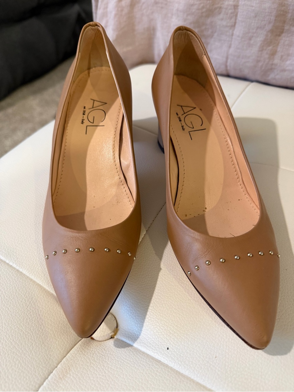 AGL Tan Leather Pointed-Toe Studded Pumps